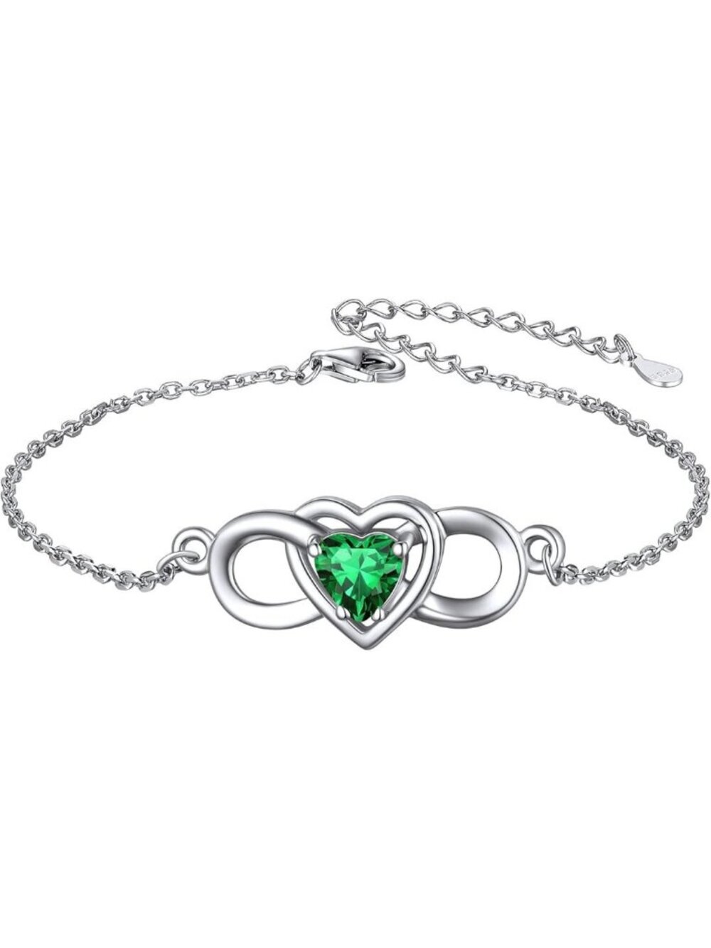 Emerald Charm Infinity Heart Bracelet 925 Sterling Silver Dainty Birthstone,